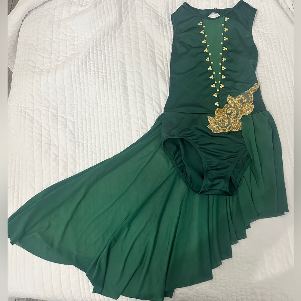 Stunning, green lyrical dance costume embellished with a skirt. Child Large